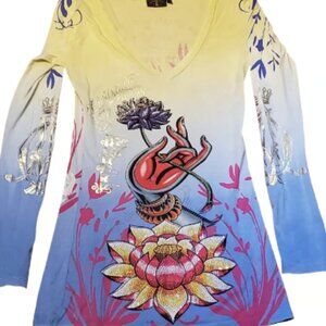 Vintage Christian Audigier Platinum Buddha Rhinestone T-Shirt sz M